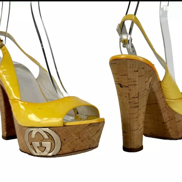 Gucci Auth 4.5 US 34.5 EU Yellow Patent Leather Peeptoe Cork Heels Shoes Runway - Picture 2 of 13